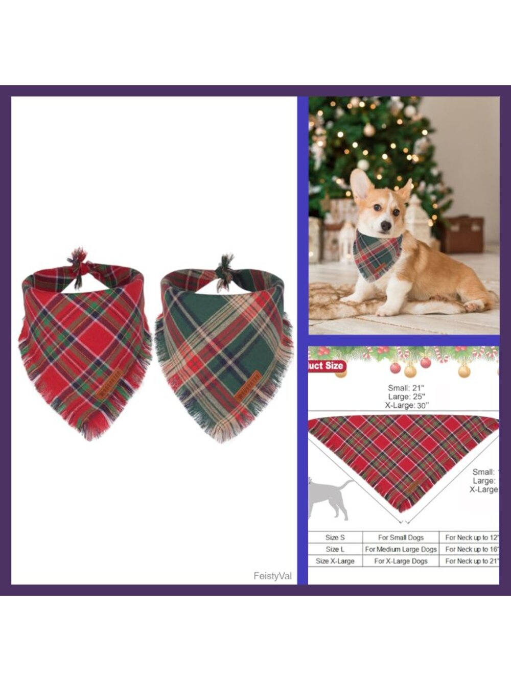 Christmas Dog Bandana Plaid Scarf Bib Tassel Edges Cotton Pet Holiday Gift Set